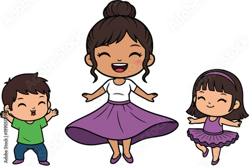 Cute cartoon mother dancing with her son and daughter in happy family fun activity vector character.