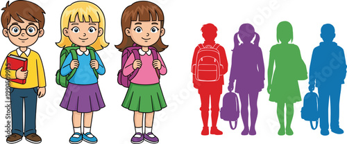 School Kids Characters and Silhouettes with Backpacks, Cute Cartoon Children Students for Education, Classroom Activities and Learning Concept Vector Illustration.