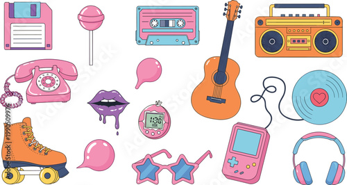 Retro Pop Culture Elements Collection with Vintage Music Devices, Roller Skate, Phone and Fashion Accessories for 90s Lifestyle and Colorful Vector Illustration.