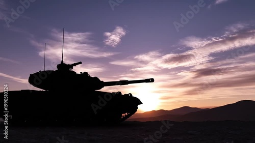 Silhouette of a military tank at sunset in mountains