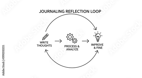 Journaling reflection loop, productivity mindset concept, personal growth cycle, self improvement process