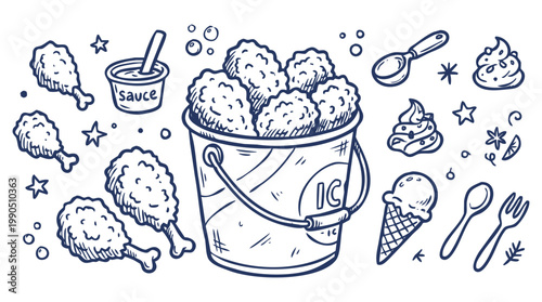 Vintage 1930s Cartoon Fried Chicken Bucket and Ice Cream Dessert Set