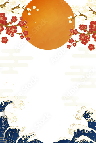 梅の花と波と太陽の和風背景フレーム