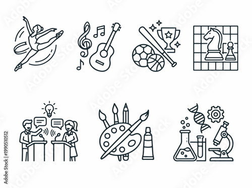 Vector icons representing diverse school subjects and extracurricular activities including dance, music, sports, and chess