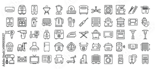 Collection of various home appliances and kitchen gadgets icons