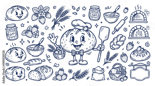 Fotografía Vintage 1930s Cartoon Round Bread Chef Mascot and Strawberry Bakery Set