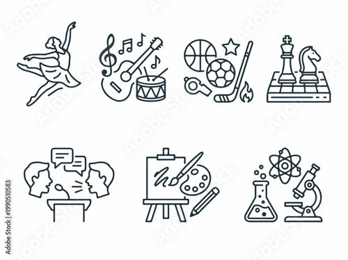 Vector icons representing various school subjects and extracurricular activities, including dance, music, sports, debate, art, and science