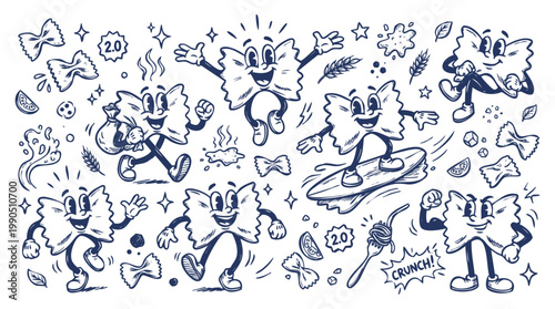 Vintage 1930s Cartoon Farfalle Pasta Mascot and Bowtie Pasta Set