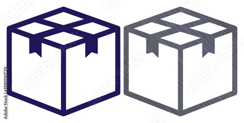Two stylized cardboard boxes, one in blue outline, the other in grey outline, representing shipping and delivery.