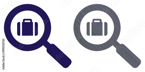 Magnifying glass examining a suitcase, symbolizing travel search and investigation.