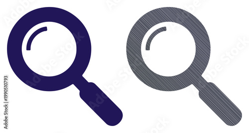 Two magnifying glasses, one dark blue and one gray, symbolizing search and discovery