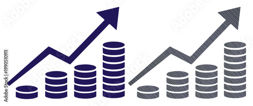 Stacked coins with upward trending arrows signify financial growth and investment success.