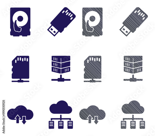 Digital storage icons including hard drives, USB drives, SD cards, servers, and cloud data transfer.