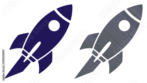 Two stylized rockets in dark blue and grey, one solid and one textured, launching upwards.