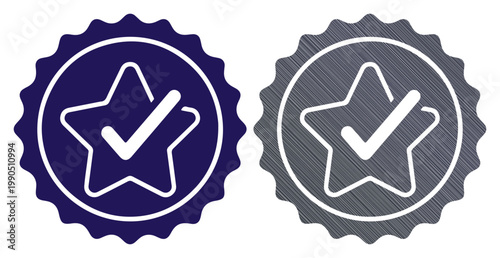 Two stylized star badges with checkmarks, representing quality and approval.