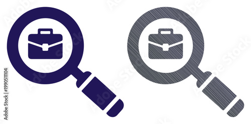 Magnifying glass focused on a briefcase, symbolizing career search and business opportunities.
