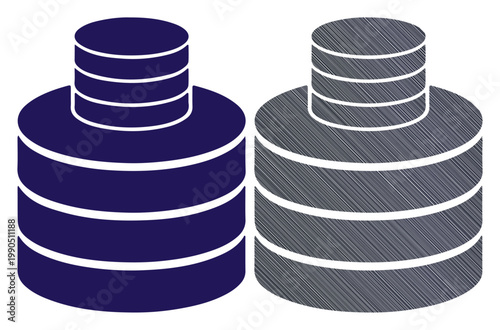 Two abstract cylinder shapes, one dark blue and one grey, representing data or storage.