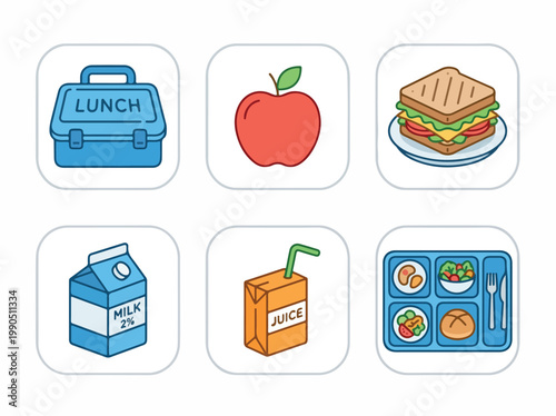 Vector pack of school lunch icons featuring a lunchbox, apple, sandwich, milk carton, juice box, and tray