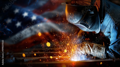 Industrial welder sparks flying american flag background
