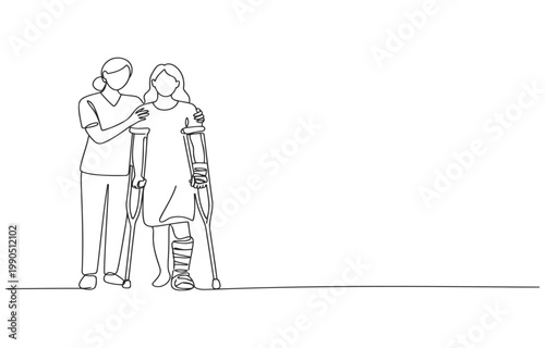 Healthcare professional supporting injured person with crutches and cast walking aid line art white background healthcare professional crutches assistance recovery rehabilitation disability