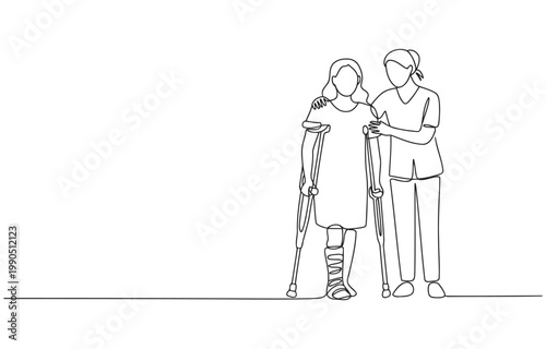 Illustration of a person receiving aid with crutches and leg cast walking aid line art white background illustration crutches healthcare assistance recovery rehabilitation disability