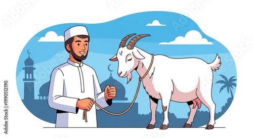 Muslim man holding a goat for sacrifice Eid al-Adha celebration concept flat illustration with mosque and palm trees