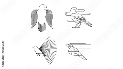 Geometric Birds Collection: A collection of meticulously crafted, geometric illustrations of various bird species, showcasing modern artistic flair and representing a unique aesthetic.