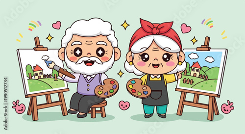 Cute elderly couple painting colorful landscape artworks together in a cheerful art studio setting