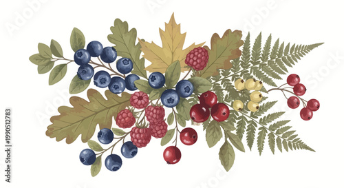 Blueberries and raspberries with green leaves.