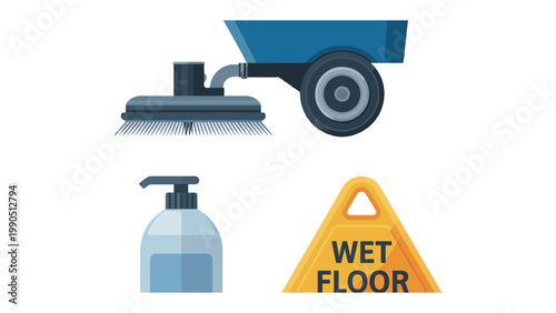 Maintenance Essentials: A collection of maintenance essentials for cleaning a floor, including floor scrubber, a soap dispenser and a wet floor sign