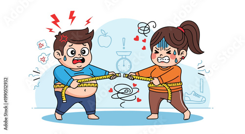 Cartoon children playing with a toy guitar and drum set, having fun and making music together in a colorful playful