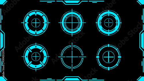 A series of glowing cyan targeting reticles arranged on a black background