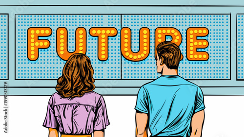 A couple gazes at a large illuminated future sign in a pop art style