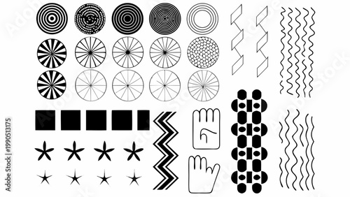 A collection of abstract black and white geometric patterns arranged in rows and columns
