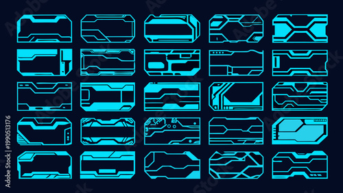 A collection of futuristic glowing blue geometric shapes and panels on a dark background