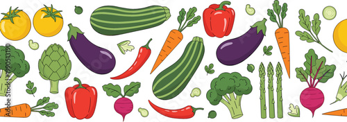 Fresh vegetables collection vector illustration with tomato, zucchini, eggplant, carrot, broccoli, asparagus, pepper and beet healthy organic food set