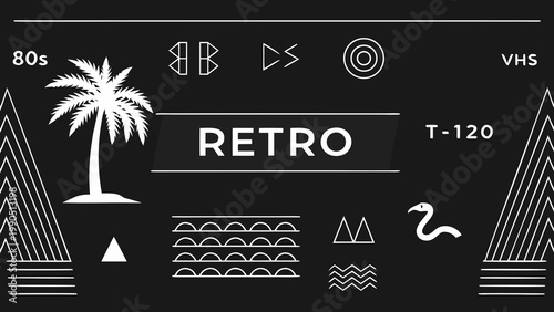 A vibrant retro aesthetic featuring a palm tree flamingo and 80s inspired geometric shapes