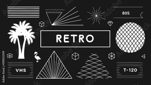 Abstract retro design featuring geometric shapes a palm tree and 80s inspired elements