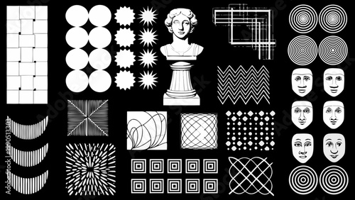 A collection of abstract geometric shapes a classical bust and stylized faces on a black background