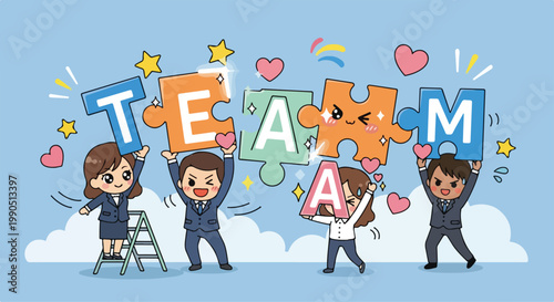 Cute children holding colorful letters and animal cutouts spelling out team with cheerful party atmosphere