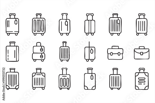 Travel luggage icons, suitcase baggage trolley backpack line set for airport and tourism design