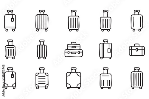 Airport baggage icons, suitcase carryon travel bag collection for trip planning interface