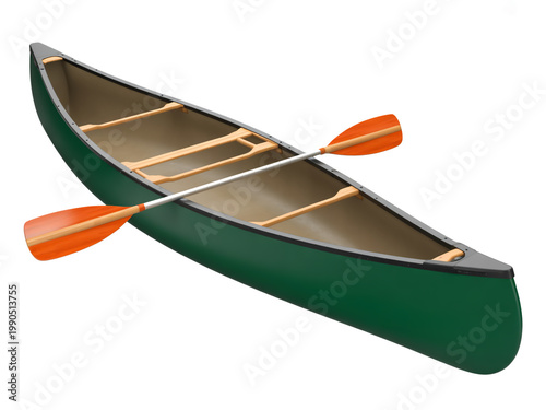 A green canoe with two paddles resting on the sides, ready for an adventure on calm waters