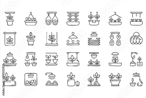 Indoor farming icons, hydroponic plant cultivation light nutrient system collection