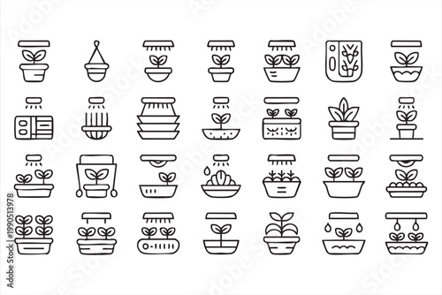 Hydroponic agriculture icons, indoor plant irrigation and lighting system line set