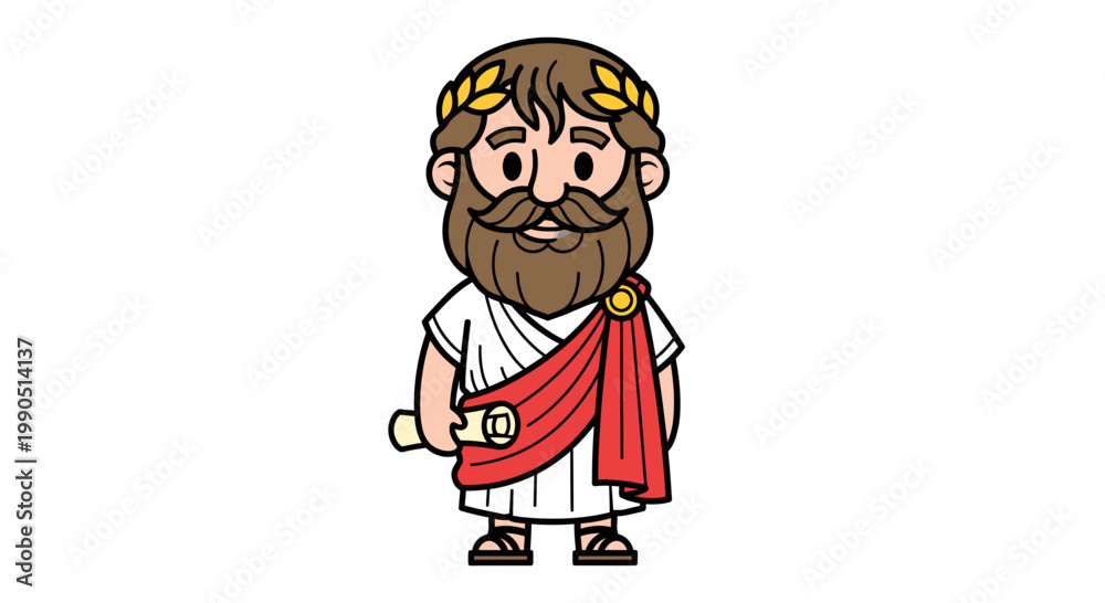 Obraz premium Roman Emperor Character Vector Illustration, Cartoon Ancient Ruler with Laurel Wreath and Scroll, Historical Figure Graphic for Educational Design Projects