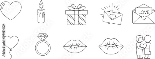 Collection of romantic line art icons featuring hearts, candles, gifts, and love letters