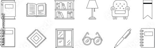 Collection of hand drawn reading and study related line art icons on white background.