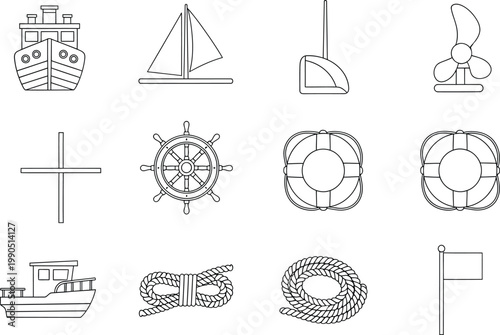 Collection of nautical and maritime icons including boats, steering wheel, and lifebuoy.