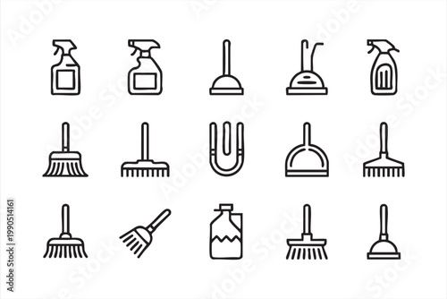 House cleaning icons, spray bottle brush dustpan vacuum collection for sanitation use